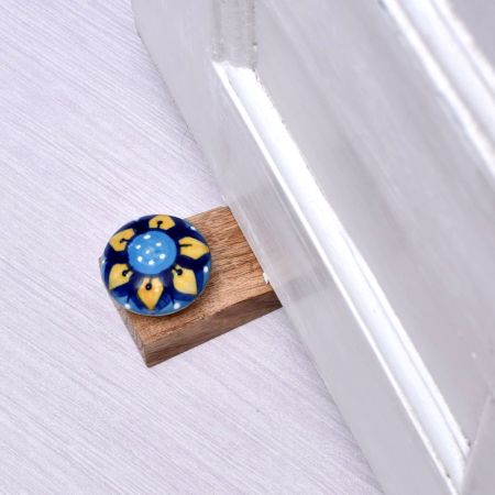 Beautiful Blue & Yellow Ceramic Wooden Door Stopper